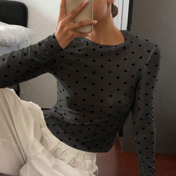 Black Casual Women's Polka Dot Fitted Crew Neck Long Sleeve Sheer Blouse - Picture 6 of 9